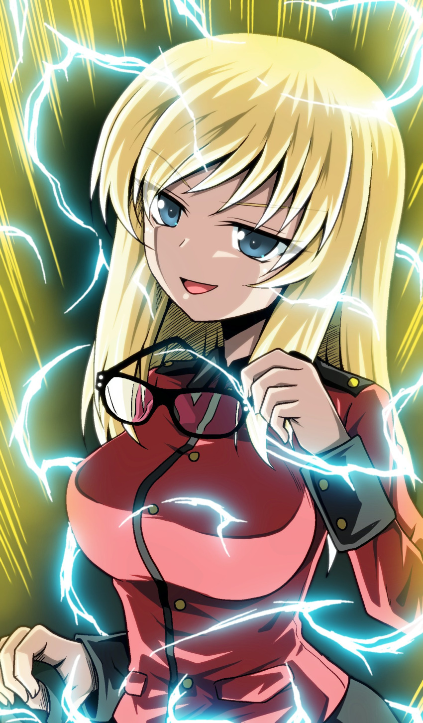 absurdres aura black-framed_eyewear blonde_hair blue_eyes cane commentary dragon_ball dragon_ball_z earl_grey_(girls_und_panzer) electricity epaulettes female girls_und_panzer girls_und_panzer_ribbon_no_musha half-closed_eyes highres holding holding_cane holding_removed_eyewear jacket kamishima_kanon kingsman:_the_secret_service long_hair long_sleeves looking_at_viewer military military_uniform open_mouth red_jacket skirt smirk smug solo st._gloriana's_military_uniform standing super_saiyan super_saiyan_2 uniform unworn_eyewear