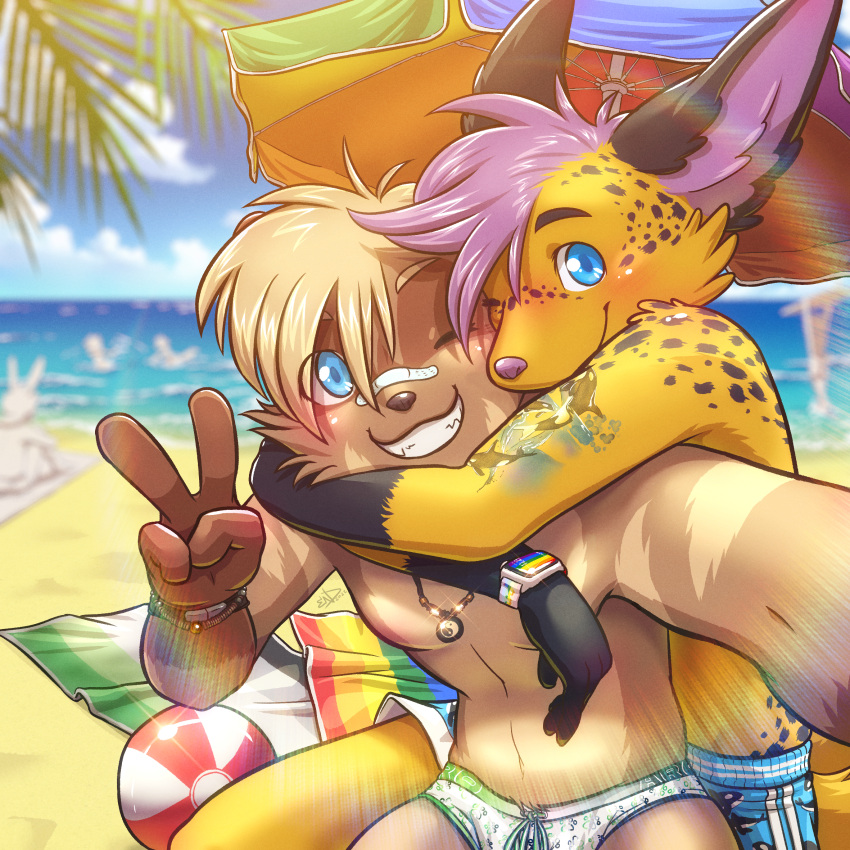 1:1 alby anthro apple_inc. apple_watch arm_tattoo avery_(endcoon) background_character ball bandage beach beach_ball beach_towel blonde_hair blue_eyes blue_sky blush brown_body brown_fur canid canine cetacean clock clothing cloud dolphin duo endcoon fennec_fox fox freckles fur fur_markings fur_tuft gesture hair hand_gesture hi_res hug hugging_another hugging_from_behind inflatable inner_ear_fluff jewelry kemono lens_flare lgbt_pride light male male/male mammal marine markings multicolored_body multicolored_clothing multicolored_ears multicolored_fur multicolored_underwear necklace oceanic_dolphin one_eye_closed orca palm_tree plant pride_colors procyonid purple_hair raccoon rainbow_pride_colors romantic romantic_couple seaside selfie shirtless shirtless_male six-stripe_rainbow_pride_colors sky smile smiling_at_viewer smirk speedo spots spotted_body sunlight swimming_trunks swimwear tattoo toothed_whale towel tree true_fox tuft umbrella underwear v_sign watch water wink yellow_body yellow_fur yin_yang