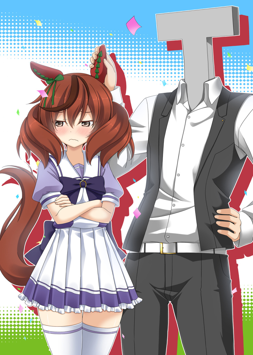 1boy animal_ears blush brown_eyes commentary_request crossed_arms ear_fondling female hand_on_another's_ear highres horse_ears horse_girl horse_tail looking_away medium_hair nice_nature_(umamusume) rappa_(rappaya) red_hair school_uniform simple_background t-head_trainer tail thighhighs tracen_school_uniform trainer_(umamusume) umamusume