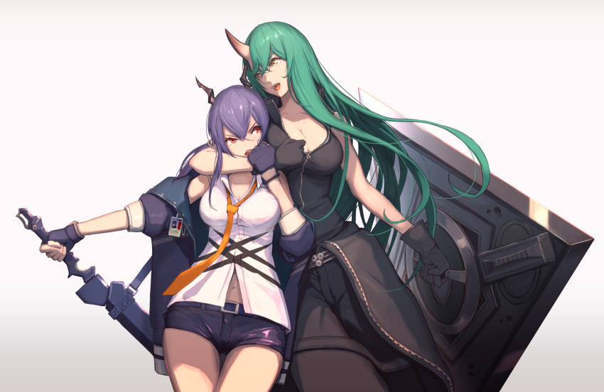 2girls :d arknights bare_shoulders black_gloves black_shirt blue_jacket breasts ch'en_(arknights) chinese_commentary cleavage commentary_request cowboy_shot dragon_horns fingerless_gloves gloves green_hair grey_background hair_between_eyes hand_up hannya_(arknights) highres horns hoshiguma_(arknights) jacket long_hair looking_at_another medium_breasts multiple_girls navel necktie off_shoulder open_clothes open_jacket open_mouth orange_necktie purple_hair red_eyes scabbard sheath sheathed shield shirt short_shorts shorts simple_background single_horn sleeveless sleeveless_shirt smile standing sword tenshin_kagehisa thighs v-shaped_eyebrows weapon white_shirt yellow_eyes