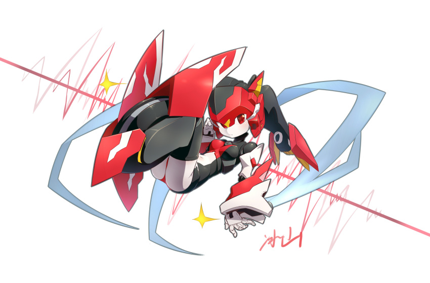 bingshan breasts female fetal_position floating highres looking_at_viewer magic_henshin navel official_art open_hand photoshop_(medium) red_eyes robot scarlet_sonic small_breasts solo wheel