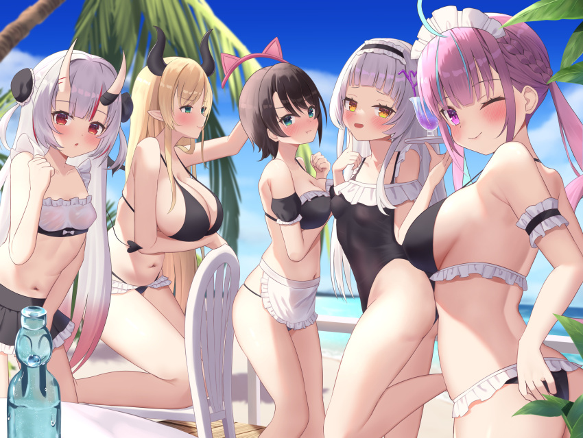 2nd_generation_(hololive) 5girls :d :o :t ;) alternate_costume animal_ear_hairband animal_ears apron arm_garter bare_arms bare_legs bare_shoulders beach bikini bikini_skirt black_bikini black_one-piece_swimsuit black_skirt black_tail blonde_hair blue_sky blunt_bangs blush bottle breasts brown_hair bun_cover casual_one-piece_swimsuit cat_ear_hairband cat_ears chair cleavage clenched_hand commentary_request day demon_horns demon_tail double_bun drink fake_animal_ears frilled_apron frilled_bikini frilled_garter frilled_hairband frilled_skirt frills from_side glass green_eyes grey_hair hair_bun hairband halterneck hand_up highleg highleg_swimsuit highres holding holding_tray hololive horns kneeling large_breasts leaf leg_up legs long_hair looking_at_another looking_at_viewer maid maid_bikini maid_headdress maid_one-piece_swimsuit medium_breasts minato_aqua miniskirt multicolored_hair multiple_girls murasaki_shion nakiri_ayame navel ocean one-piece_swimsuit one_eye_closed oozora_subaru open_mouth outdoors palm_tree parted_lips pink_eyes pointy_ears pout ramune red_hair saki_(saki_paint) see-through short_hair sideboob sidelocks skin-covered_horns skirt sky small_breasts smile standing standing_on_one_leg strap_gap streaked_hair string_bikini swimsuit tail thighs tray tree unconventional_maid unworn_hairband virtual_youtuber waist_apron white_hair yellow_eyes yuzuki_choco