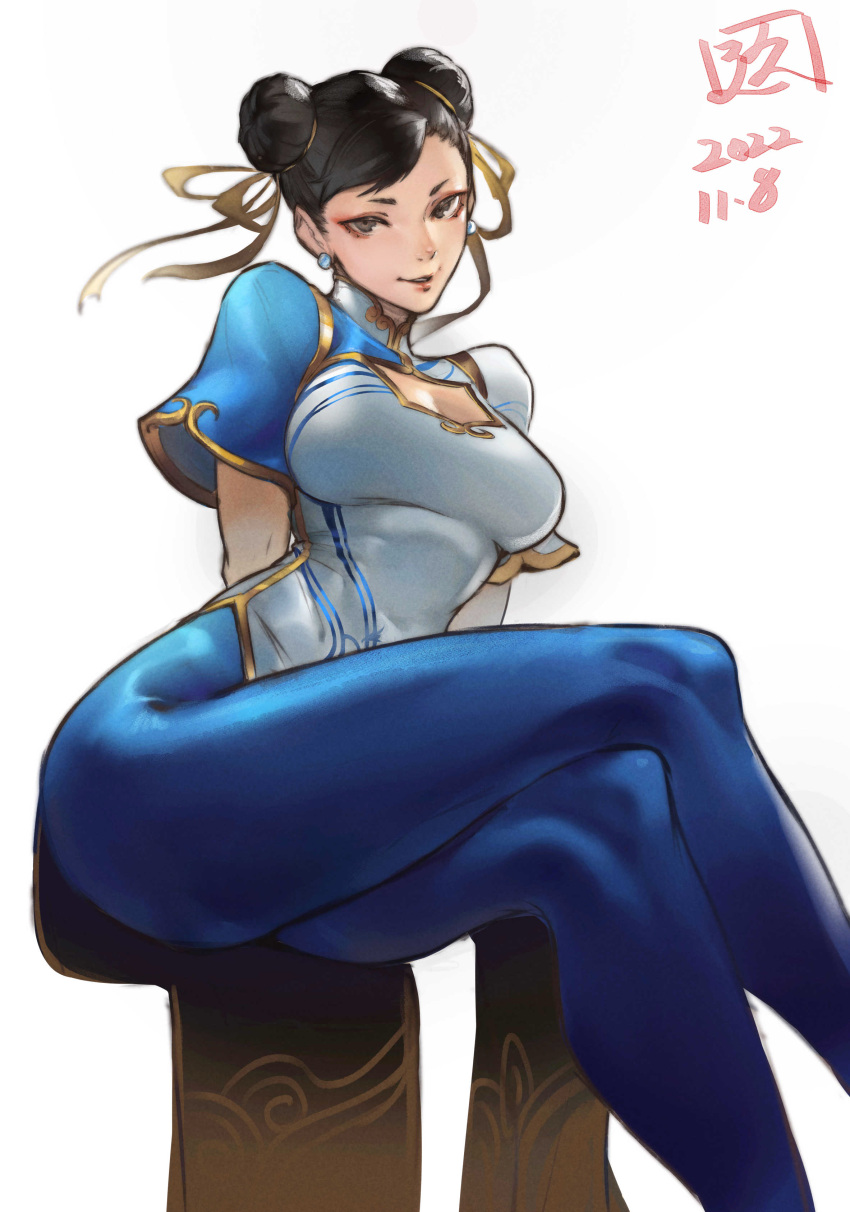 1girls artist_logo black_hair capcom chinese_clothes chun-li crossed_legs female female_only fully_clothed hair_bun hair_buns juaagacgy looking_at_viewer sitting smiling smiling_at_viewer solo street_fighter street_fighter_6 thighs very_high_resolution white_background