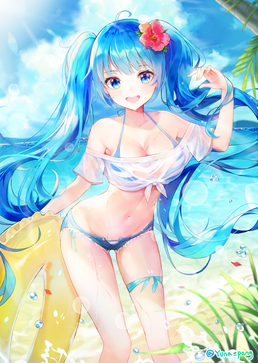 :d absurdres ahoge artist_name bad_id bad_twitter_id bare_shoulders beach bikini blue_eyes blue_hair blue_sky blush breasts cleavage cloud commentary crop_top cutoffs day denim denim_shorts feet_out_of_frame female floating_hair flower front-tie_top grass groin hair_flower hair_ornament halterneck hand_up hatsune_miku hibiscus highres holding innertube large_breasts lens_flare long_hair looking_at_viewer micro_shorts navel ocean off-shoulder_shirt off_shoulder open_mouth outdoors palm_tree red_flower see-through shirt short_sleeves shorts sky smile solo standing stomach striped_bikini striped_clothes summer swim_ring swimsuit thigh_strap thighs tied_shirt tree twintails twitter_username very_long_hair vocaloid water water_drop wet wet_clothes wet_shirt yuna_(deadawon)