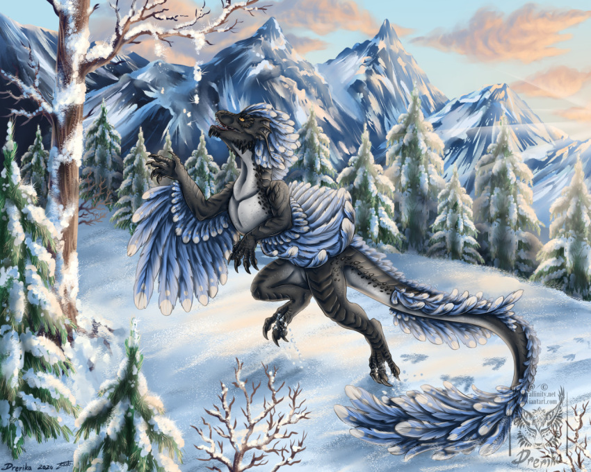 2020 3_toes 5:4 5_fingers ambiguous_gender claws day detailed_background digital_media_(artwork) dragon drerika feathered_dragon feathered_scalie feathers feet feral fingers grey_body grey_scales mountain mythological_creature mythological_scalie mythology open_mouth outside plant reptile scales scalie sky snow solo tail teeth toe_claws toes tongue tree yellow_eyes