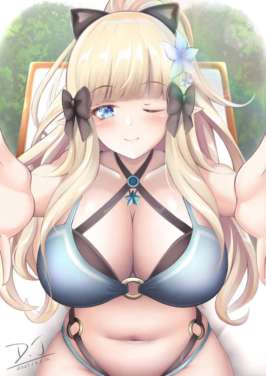 absurdres alternate_costume bad_id bad_pixiv_id bikini black_bow blonde_hair blue_bikini blue_eyes blue_flower blunt_bangs blush bow breasts cleavage closed_mouth collarbone d.j_(dwcg2854) dated elf female flower hair_flower hair_ornament hairbow highres huge_breasts layered_bikini long_hair looking_at_viewer navel o-ring o-ring_bikini one_eye_closed pointy_ears princess_connect! saren_(princess_connect!) saren_(summer)_(princess_connect!) solo split_mouth swimsuit