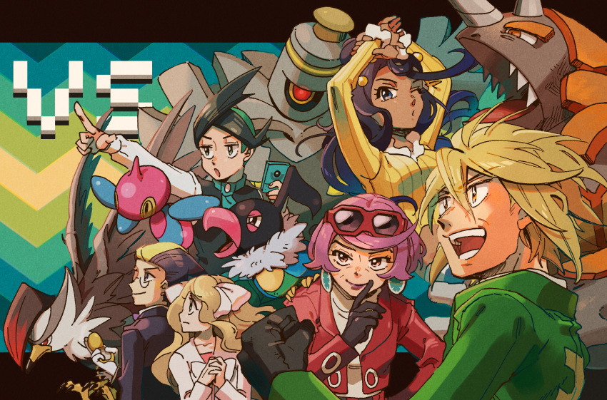 3boys 3girls :o argenta_(pokemon) black_hair black_vest blonde_hair caitlin_(pokemon) chatot clenched_hand coat commentary_request dahlia_(pokemon) darach_(pokemon) dusknoir eyewear_on_head gloves green_coat green_hair highres holding jacket long_sleeves multicolored_hair multiple_boys multiple_girls one_eye_closed open_mouth own_hands_together palmer_(pokemon) pointing pokemon pokemon_(creature) pokemon_dppt pokemon_platinum purple_hair red_jacket rhyperior shirt staraptor sunglasses suno_(su_no125) swept_bangs teeth thorton_(pokemon) two-tone_hair vest white_shirt