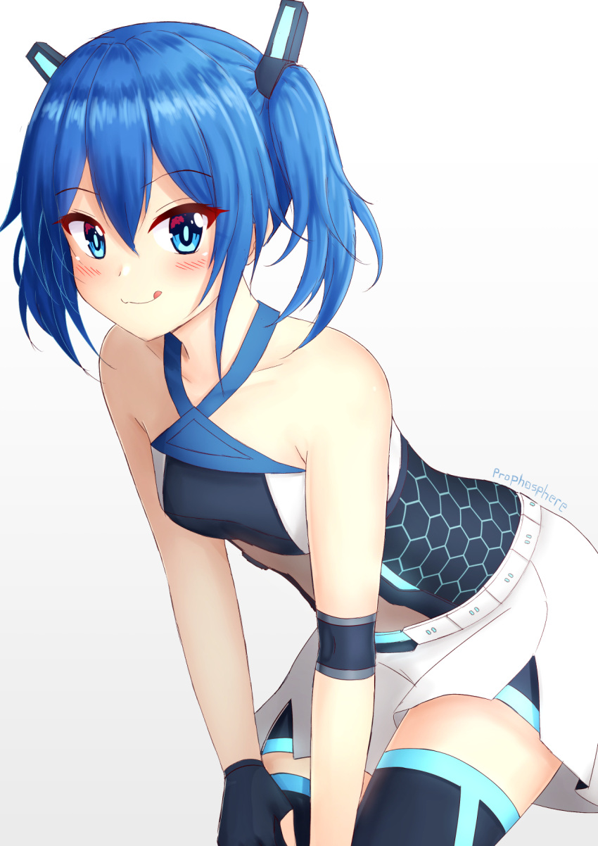 :q artist_name bare_shoulders black_thighhighs blue_eyes blue_hair blush closed_mouth collarbone commentary_request female grey_background hair_between_eyes highres looking_at_viewer original prophosphere short_shorts shorts signature simple_background smile solo thighhighs tongue tongue_out twintails white_shorts