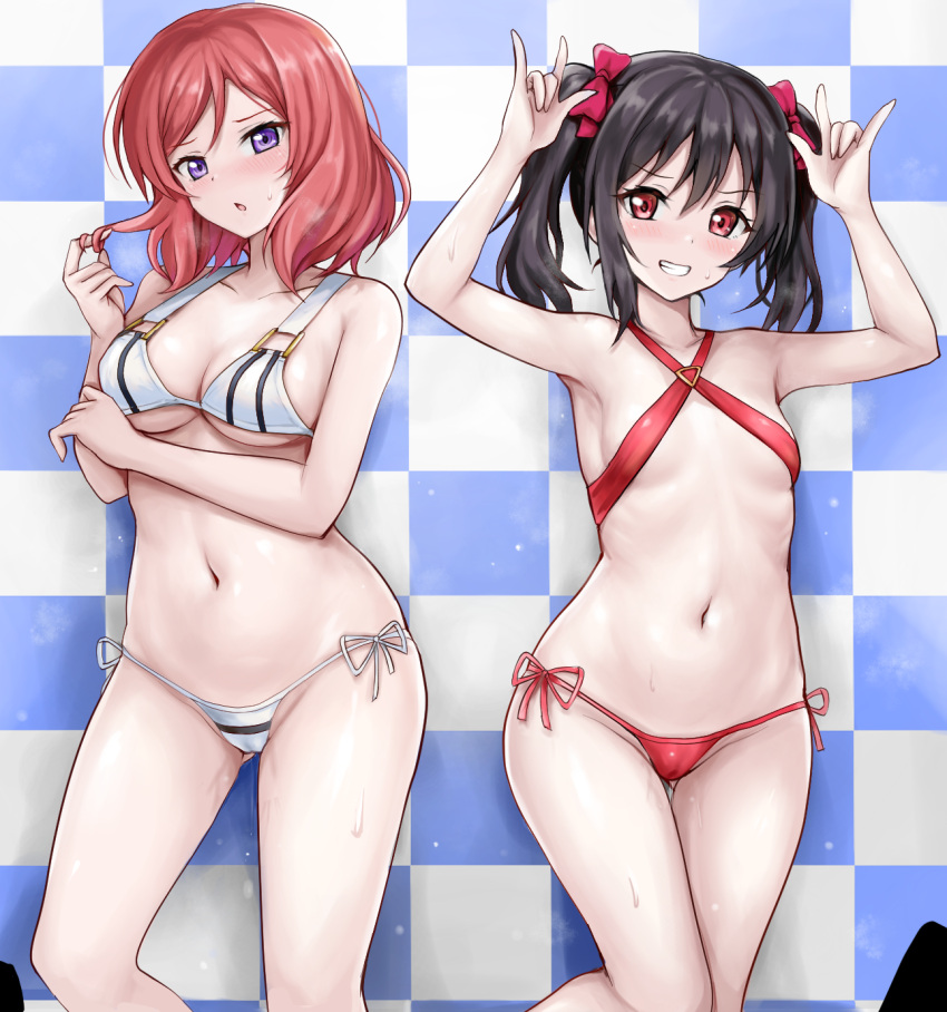 2girls arm_under_breasts ass_visible_through_thighs bare_arms bare_shoulders bikini black_hair blue_background blush bow breasts breath cameltoe checkered_background cleavage collarbone covered_nipples cutie_panther double_w flat_chest grin hairbow hand_up highres looking_at_viewer love_live! love_live!_school_idol_project medium_breasts medium_hair micro_bikini multiple_girls navel nishikino_maki parted_lips playing_with_own_hair pretzel_bikini purple_eyes r-binon red_bikini red_bow red_eyes red_hair revision side-tie_bikini_bottom sidelocks smile sofmap_background standing step_and_repeat stomach string_bikini striped_bikini striped_clothes sweat sweatdrop swimsuit thighs tile_wall tiles twintails twirling_hair w wet white_bikini yazawa_nico