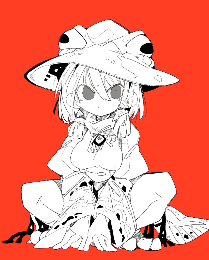 adapted_costume breasts female frog_girl full_body hair_between_eyes hair_ribbon hat highres long_sleeves looking_at_viewer massakasama medium_breasts medium_hair monochrome monster_girl moriya_suwako red_background ribbon shirt simple_background solo squatting tadpole_tail touhou tress_ribbon turtleneck