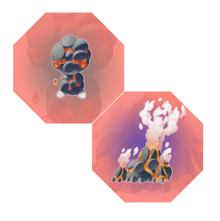 alternate_body_fluid border crying evolutionary_line fakemon full_body highres hyshirey lava no_humans official_style original outline pokemon red_background red_eyes rock smoke tears transparent_background transparent_border white_outline zoom_layer