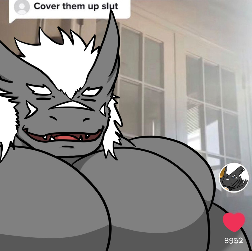 anthro big_muscles closed_eyes cover_them_up_slut dragon english_text grauchen_(character) grey_body hair hi_res kaze3481_(artist) male meme muscular mythological_creature mythological_scalie mythology open_mouth pecs scalie smile solo text white_hair