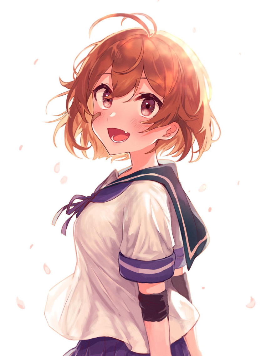 bad_id bad_twitter_id bandaid bandaid_on_face blue_neckwear blue_sailor_collar blue_skirt blush breasts brown_hair cherry_blossoms female highres kantai_collection oboro_(kancolle) oerba_yun_fang open_mouth petals sailor_collar school_uniform serafuku short_hair short_sleeves simple_background skirt solo tamawo_(mu_gi2)