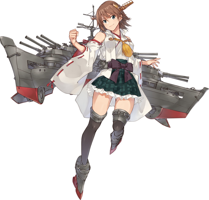 blue_eyes boots brown_hair detached_sleeves female flipped_hair full_body green_skirt hairband headgear hiei_(kancolle) hiei_kai_ni_(kancolle) highres japanese_clothes kantai_collection konishi_(koconatu) machinery nontraditional_miko official_art plaid ribbon-trimmed_sleeves ribbon_trim short_hair skirt solo tachi-e thigh_boots thighhighs transparent_background turret