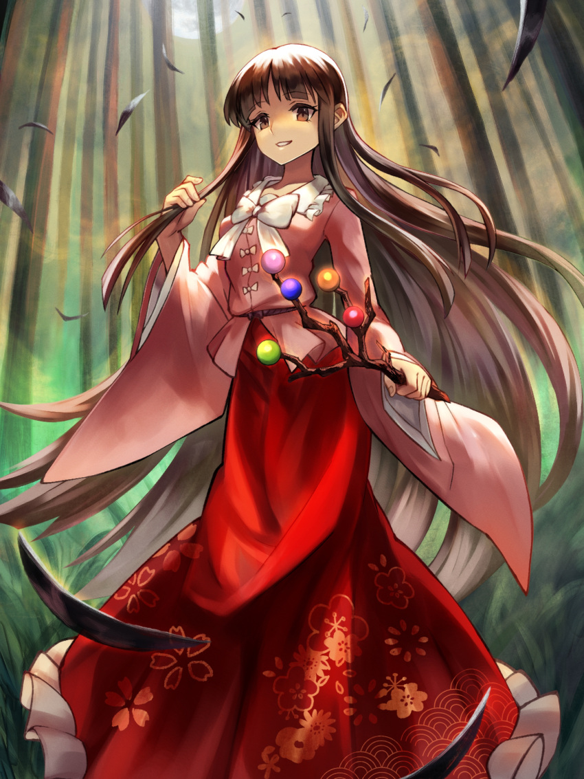 bamboo bamboo_forest bamboo_print blunt_bangs blush bow bowtie branch brown_eyes brown_hair commentary_request eyelashes female forest frilled_shirt_collar frilled_skirt frills highres hime_cut holding houraisan_kaguya japanese_clothes jeweled_branch_of_hourai leaf_print long_hair long_skirt long_sleeves looking_at_viewer moon nature night outdoors parted_lips pink_shirt red_skirt ribbon shirt skirt smile solo standing teo_(telo_ruka) touhou white_bow white_bowtie white_ribbon