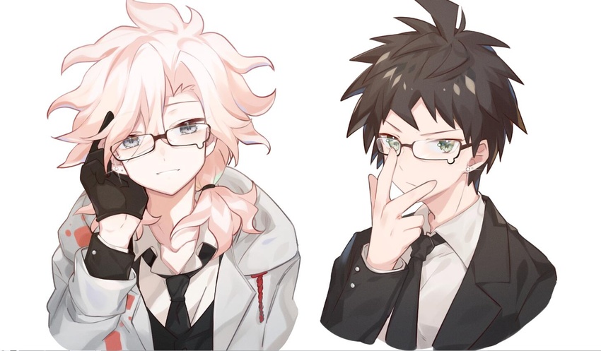 2boys adjusting_eyewear ahoge alternate_color alternate_costume bad_id bad_twitter_id bespectacled black-framed_eyewear black_gloves black_necktie brown_hair closed_mouth collarbone collared_shirt commentary_request cropped_torso danganronpa_(series) danganronpa_2:_goodbye_despair earrings glasses gloves green_eyes grey_eyes grey_jacket hair_tie hand_up hinata_hajime jacket jewelry komaeda_nagito long_sleeves looking_at_viewer male_focus medium_hair messy_hair midou_(grk12138) multiple_boys necktie shirt short_hair simple_background smile upper_body v white_background white_shirt