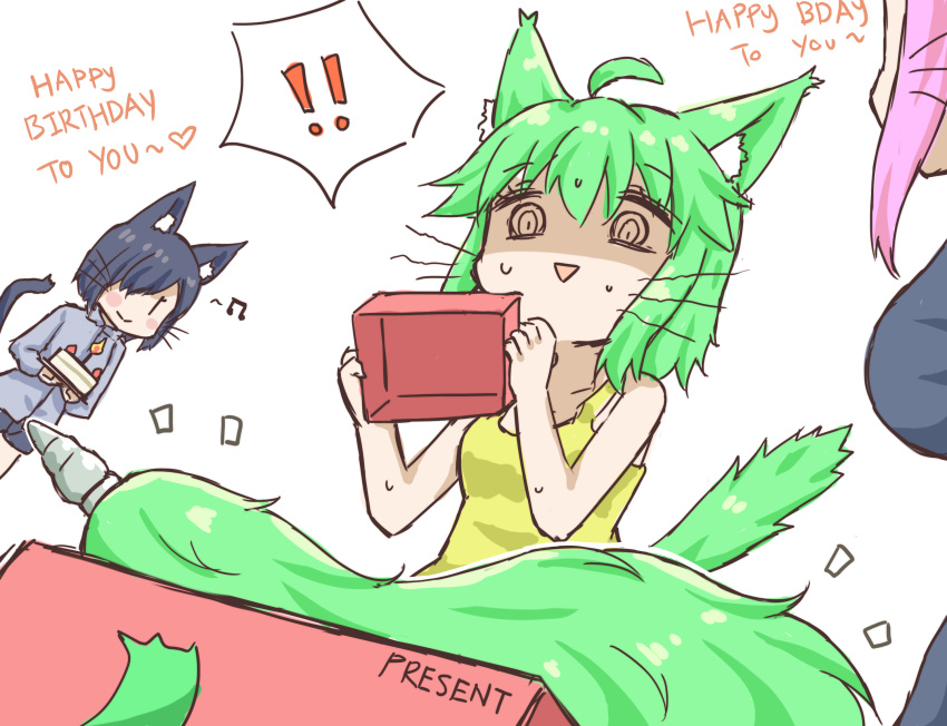 ! 3girls ahoge anal_tail animal_ears bad_id bad_pixiv_id bare_shoulders black_hair blackteaneko-chan blush_stickers butt_plug cake cat_ears cat_tail chinese_commentary commentary english_commentary english_text fake_tail food gift green_hair greenteaneko greenteaneko-chan hair_ornament highres jacket mixed-language_commentary monster_girl multiple_girls musical_note original photoshop_(medium) pink_hair pinkteaneko-chan sex_toy shaded_face short_shorts shorts smile spoken_exclamation_mark tail whiskers |_|