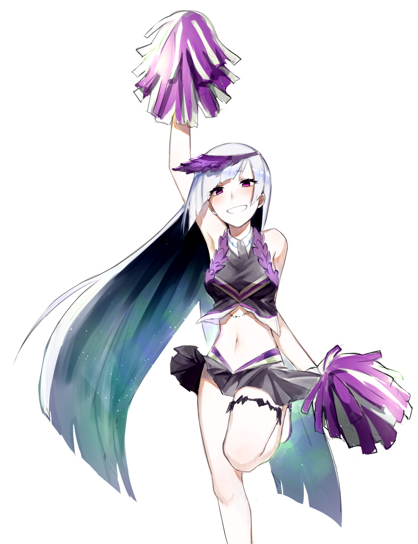 :d absurdres bad_id bad_twitter_id bare_shoulders black_shirt black_skirt blunt_bangs blush brynhildr_(cheer_for_master)_(fate) brynhildr_(fate) cheerleader commentary commission diagonal_bangs english_commentary fate/grand_order fate/prototype fate/prototype:_fragments_of_blue_and_silver fate_(series) female hand_up highres legband long_hair looking_at_viewer midriff navel open_mouth pleated_skirt pom_pom_(cheerleading) purple_eyes shirt shoes skirt sleeveless sleeveless_shirt smile solo standing standing_on_one_leg transparent_background tsu_(lovesick1964) very_long_hair visor_cap