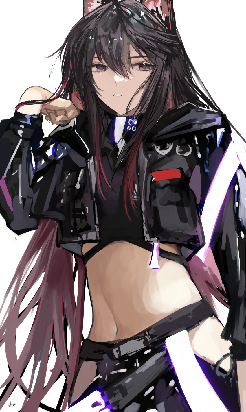 absurdres ambience_synesthesia animal_ears arknights black_hair black_jacket black_pants cropped_jacket english_commentary female hair_between_eyes half-closed_eyes highres hip_vent jacket long_hair looking_at_viewer midriff navel pants parted_lips simple_background solo texas_(arknights) very_long_hair white_background wolf_ears wolf_girl yuki_flourish