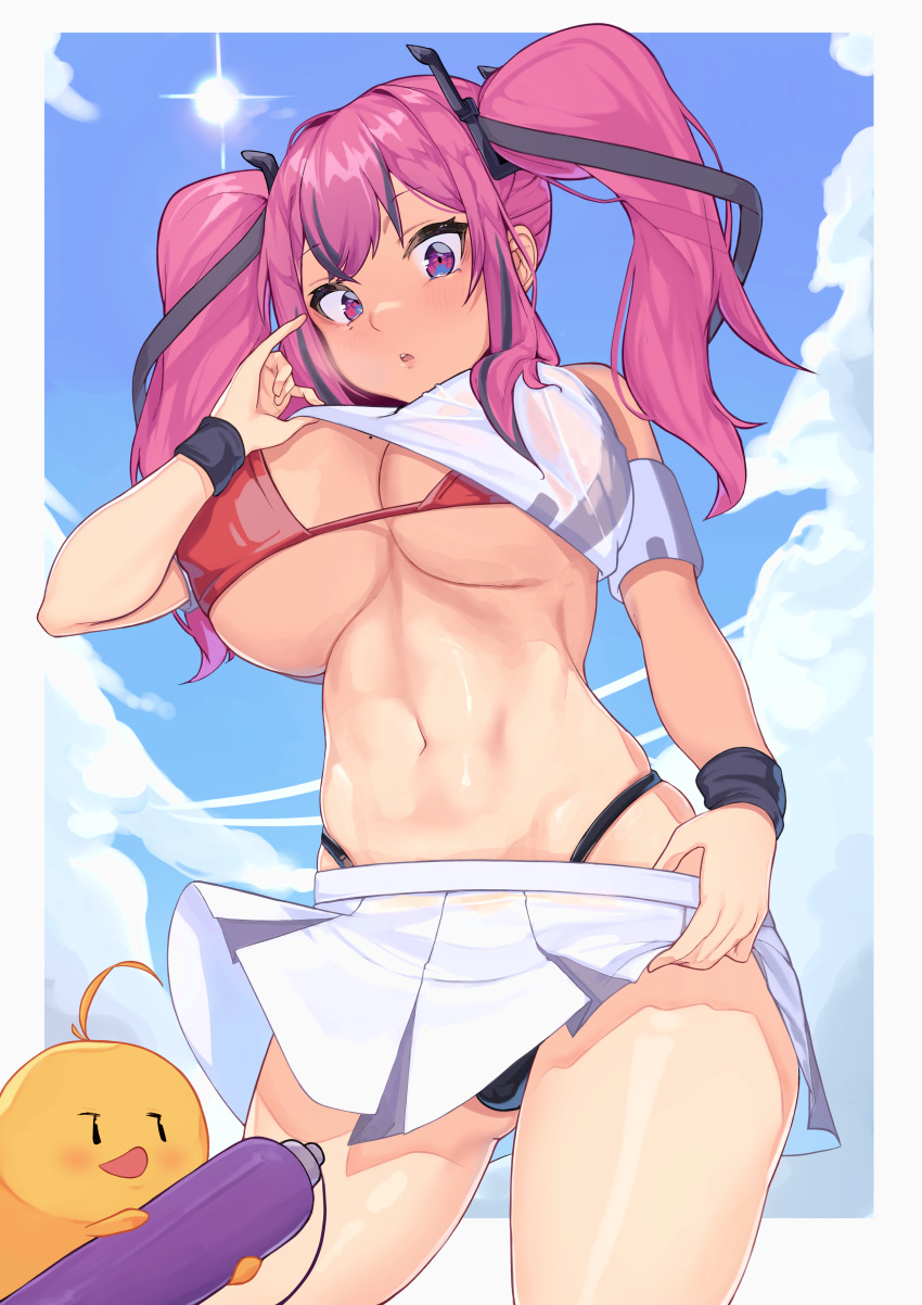 absurdres armband ass_visible_through_thighs azur_lane bad_id bad_pixiv_id bare_shoulders bikini bird black_bikini blue_sky blush border bottle breasts bremerton_(azur_lane) chick cleavage clothes_lift clothes_pull cloud commentary covered_nipples cowboy_shot crop_top day female from_below grey_hair groin hair_intakes hair_ornament hand_up heavy_breathing highleg highleg_bikini highres holding holding_bottle large_breasts lifting_own_clothes long_hair looking_at_viewer manjuu_(azur_lane) midriff mismatched_bikini mole mole_on_breast mole_under_eye multicolored_hair navel panties pantyshot parted_lips pink_bikini pink_eyes pink_hair shirt shirt_lift sidelocks skirt skirt_pull sky sleeveless sleeveless_shirt solo_focus sportswear standing streaked_hair sunlight swimsuit tennis_uniform tonki twintails two-tone_hair underwear water_bottle white_border white_shirt wind wind_lift wristband