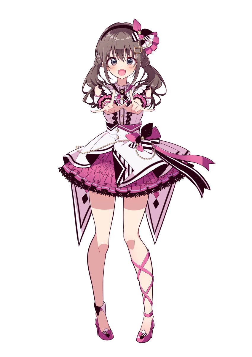 :d absurdres black_hairband blouse boots brown_eyes brown_hair center_frills clothing_cutout commentary_request female frilled_sleeves frills fujimiya_kotoha full_body hair_ornament hairband high_heel_boots high_heels highres ichijo_rei idol looking_at_viewer low_twintails medium_hair miniskirt nail_polish neck_ribbon open_mouth palette_project pink_footwear pink_nails pink_ribbon pink_skirt ribbon shirt short_sleeves shoulder_cutout simple_background skirt smile solo standing twintails virtual_youtuber white_background white_shirt