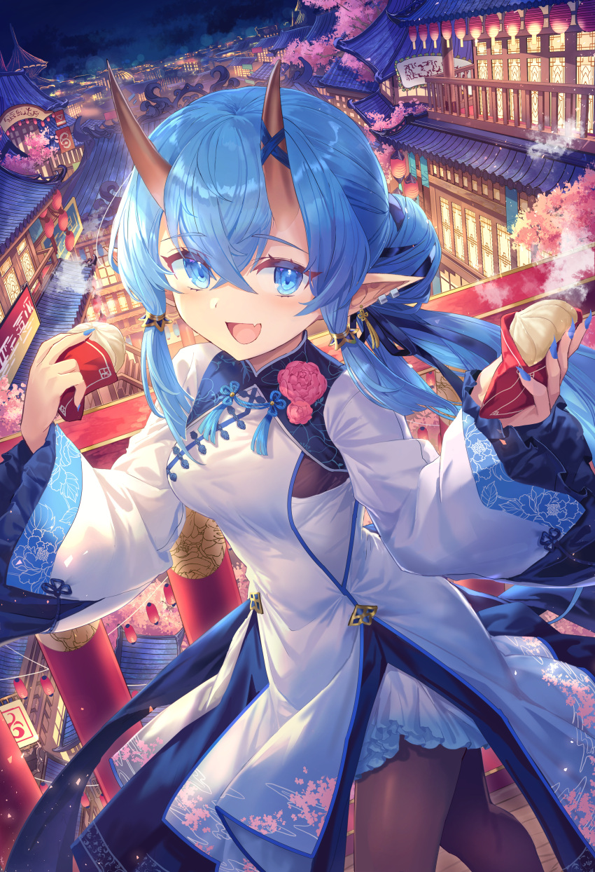 :d absurdres architecture bad_id bad_pixiv_id baozi blue_eyes blue_hair brown_pantyhose china_dress chinese_clothes dress earrings east_asian_architecture female flower food highres holding jewelry long_hair long_sleeves looking_at_viewer night oerba_yun_fang original outdoors pantyhose pink_flower pointy_ears shichigatsu skin_fang smile solo standing white_dress