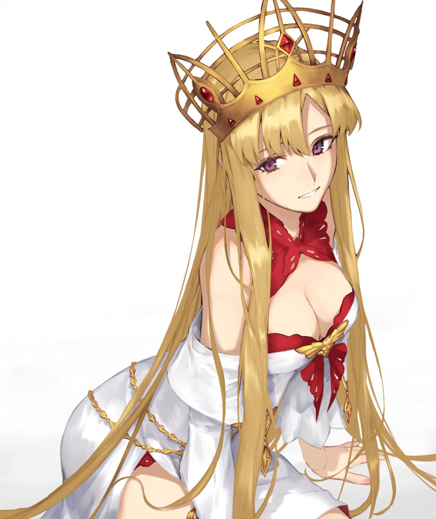 bare_shoulders blonde_hair breasts chains cleavage crown dress europa_(fate) fate/grand_order fate_(series) female highres kouzuki_kei large_breasts long_hair long_sleeves looking_at_viewer purple_eyes simple_background smile solo very_long_hair white_background white_dress