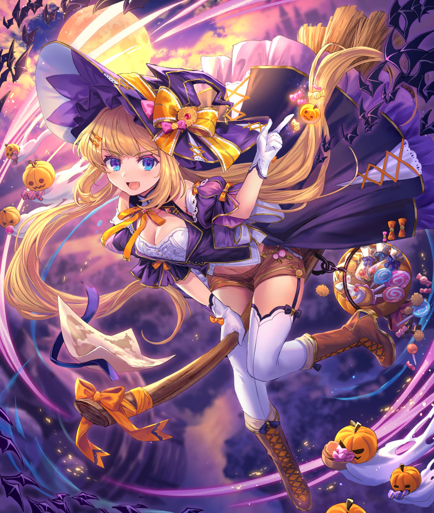 :d absurdres bad_id bad_pixiv_id bat_(animal) black_dress blonde_hair blue_eyes blurry blurry_background blush boots bow breasts broom broom_riding brown_footwear cleavage depth_of_field dress female flying full_body gloves hat hat_bow highres looking_at_viewer medium_hair oerba_yun_fang open_mouth orange_bow original purple_hat purple_vest shichigatsu smile solo thighhighs vest white_gloves white_thighhighs witch witch_hat