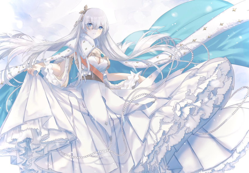 anastasia_(fate) blue_eyes breasts cape cleavage dress eyes_visible_through_hair fate/grand_order fate_(series) female gem hairband highres jewelry katase_bono long_dress long_hair pearl_(gemstone) pendant sleeveless sleeveless_dress solo white_hair