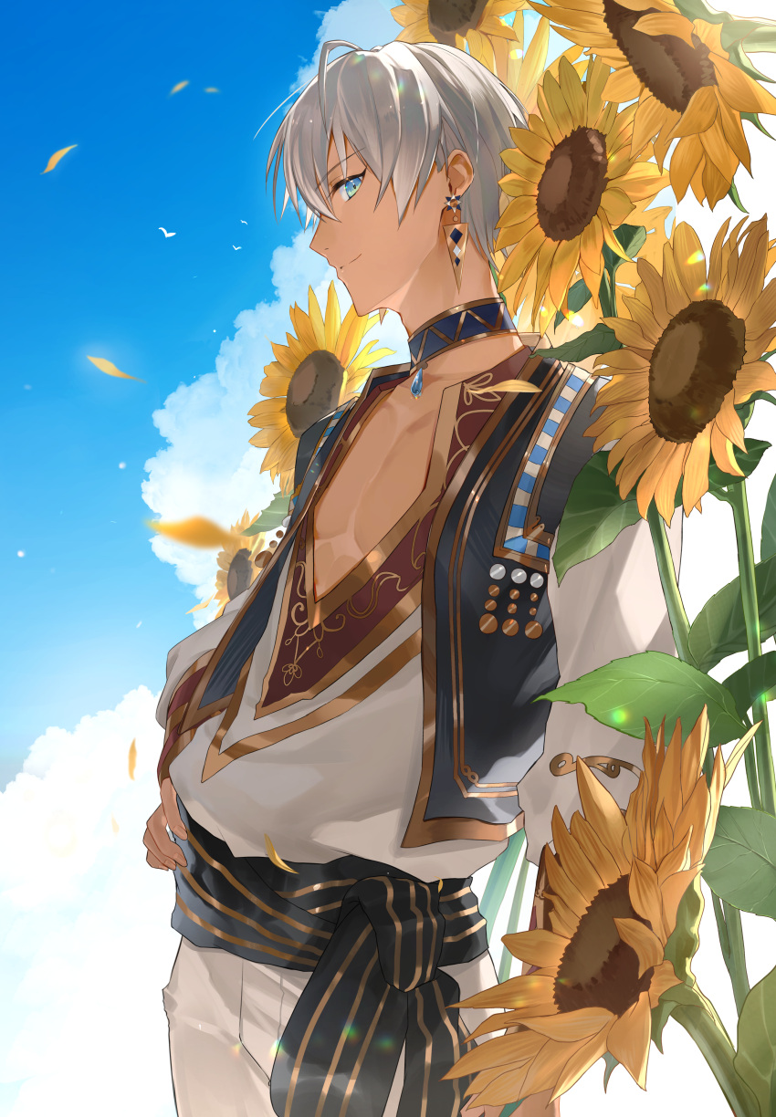 1boy absurdres arm_at_side blue_eyes center_opening choker closed_mouth cloud commentary_request dark-skinned_male dark_skin earrings flower from_side grey_hair grey_pants grey_shirt hand_on_own_hip highres hoshi_rasuku ibrahim_(1st_costume)_(nijisanji) ibrahim_(nijisanji) jewelry looking_at_viewer male_focus nijisanji outdoors pants pectorals petals shirt short_hair sky smile solo sunflower virtual_youtuber