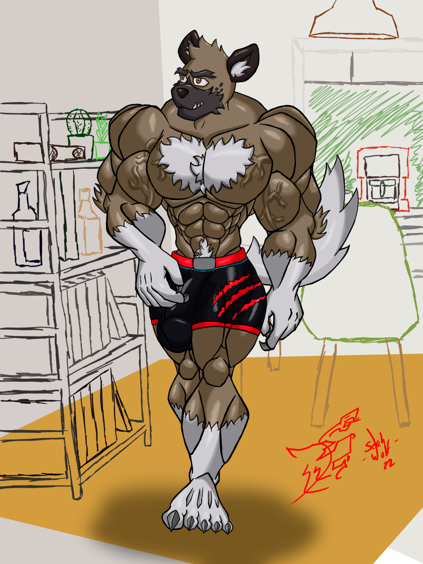 3:4 abs absurd_res aggretsuko anthro barefoot biceps big_muscles bulge claws clothed clothing detailed_bulge feet genital_outline haida_(aggretsuko) hi_res huge_muscles hyena hyper hyper_muscles lobo_serchwolf male mammal muscular muscular_anthro muscular_male paws pecs penis_outline sanrio solo spotted_hyena underwear