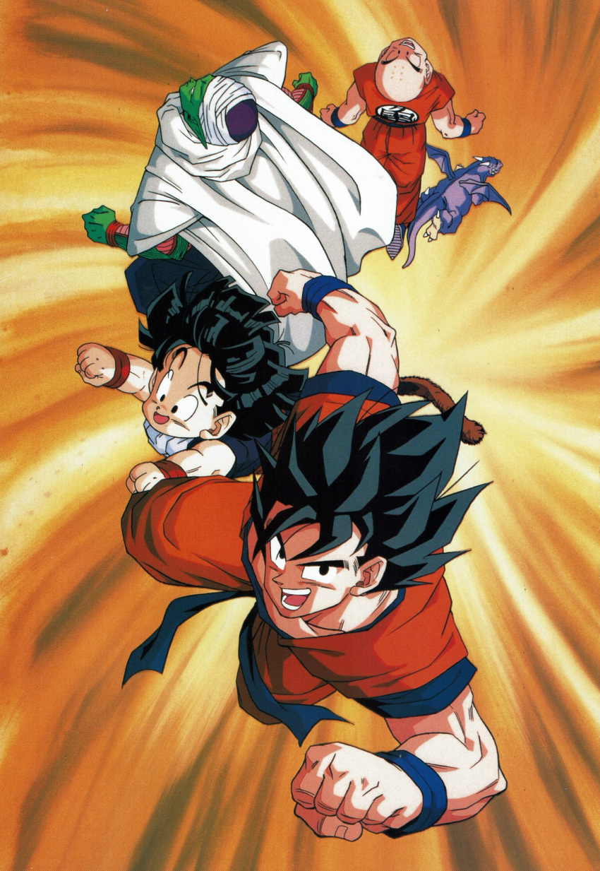 4boys :d animal artist_request bald black_eyes black_hair cape clenched_hands clothes_writing collarbone dougi dragon dragon_ball dragon_ball_z father_and_son fighting_stance fingernails flying from_above frown full_body gradient_background grin highres icarus_(dragon_ball) kuririn looking_afar looking_at_viewer looking_up male_focus messy_hair monkey_tail multiple_boys muscular muscular_male official_art open_mouth orange_background outstretched_arms piccolo pointy_ears serious shaded_face simple_background smile son_gohan son_goku spiked_hair spiral_background tail teeth turban upside-down white_background wristband yellow_background