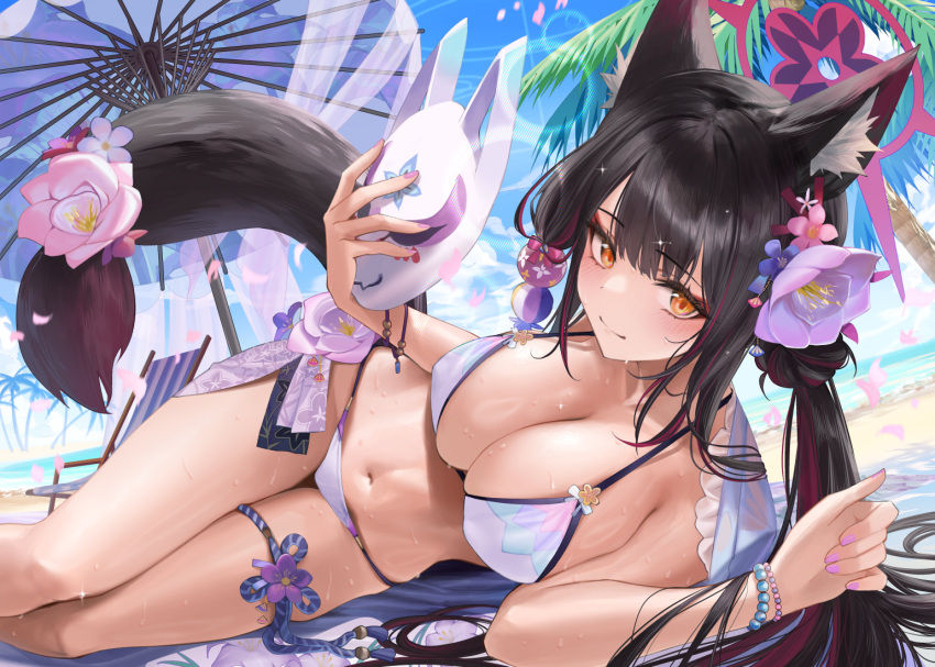 animal_ear_fluff animal_ears beach bead_bracelet beads bikini black_hair blue_archive blue_sky blush bracelet breasts cleavage collarbone colored_inner_hair commentary_request day female flower fox_ears fox_girl fox_mask fox_tail hair_flower hair_ornament halo halterneck holding holding_mask jewelry large_breasts long_hair looking_at_viewer lying mask multicolored_hair navel official_alternate_costume oil-paper_umbrella on_side outdoors petals red_hair ribbon sky smile solo stomach string_bikini swimsuit tail tail_flower tail_ornament thigh_strap umbrella wakamo_(blue_archive) wakamo_(swimsuit)_(blue_archive) water white_bikini yasawa_kichi yellow_eyes