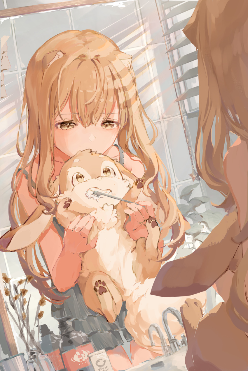 absurdres animal animal_ears brown_eyes brushing_another's_teeth commentary_request day female highres holding holding_animal indoors light_brown_hair mirror original paru_(parucom) rabbit sink standing sunlight toothbrush vase window