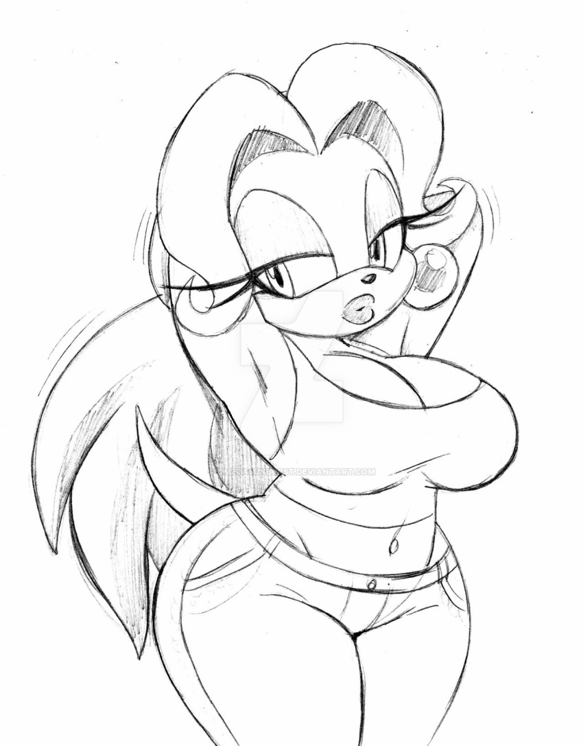 adventures_of_sonic_the_hedgehog anthro big_breasts bottomwear breasts breezie_hedgebot_robotnik breezie_the_hedgehog cleavage clothed clothing curvy_figure denim denim_bottomwear denim_clothing ear_piercing ear_ring eulipotyphlan female hair hands_behind_head hedgehog hi_res hourglass_figure jeans lips mammal midriff monochrome navel omegasunburst pants piercing ponytail ring_piercing sega shirt solo sonic_the_hedgehog_(series) stretching tank_top thick_lips topwear tying_hair wide_hips