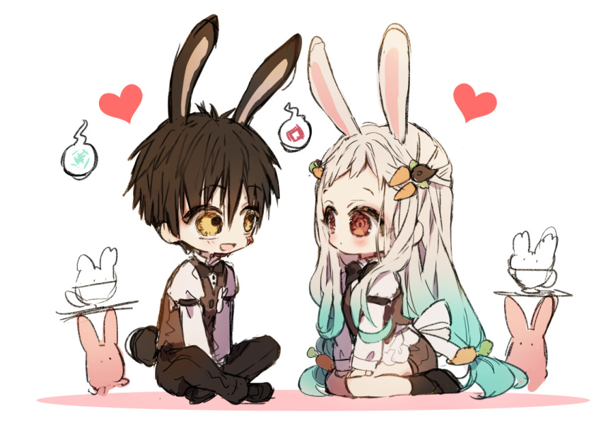 1boy :d animal animal_ears black_bow black_bowtie black_footwear black_legwear black_pants black_shorts blue_hair bow bowtie brown_eyes brown_vest carrot_hair_ornament closed_mouth commentary_request eye_contact female food-themed_hair_ornament gradient_hair grey_hair hair_ornament hanako_(jibaku_shounen_hanako-kun) heart jibaku_shounen_hanako-kun juliet_sleeves kemonomimi_mode long_hair long_sleeves looking_at_another magatama magatama_hair_ornament multicolored_hair ofuda pants piyokichi puffy_sleeves rabbit rabbit_boy rabbit_ears rabbit_tail shirt shoes short_shorts shorts smile socks tail very_long_hair vest white_background white_shirt yashiro_nene