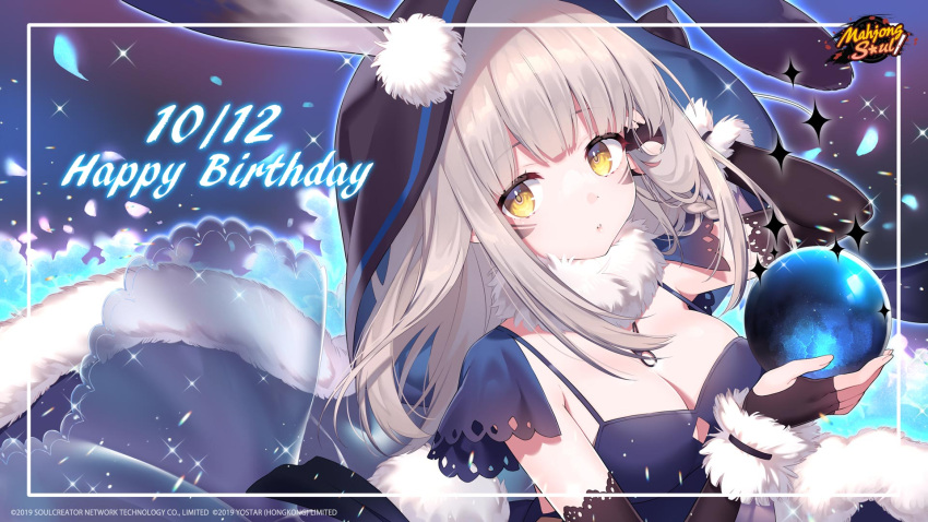 animal_ears black_gloves copyright_name copyright_notice english_commentary facial_mark female fingerless_gloves gloves grey_hair happy_birthday highres holding_orb hood hood_up kaavi kusumoto_shizuru logo looking_at_viewer mahjong_soul official_art official_wallpaper petals rabbit_ears solo sparkle yellow_eyes