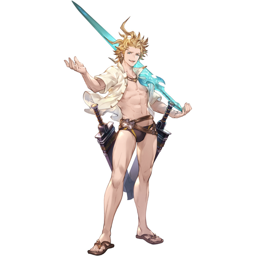 1boy abs ahoge bare_legs blonde_hair brown_male_swimwear full_body granblue_fantasy jewelry looking_at_viewer male_focus male_swimwear navel necklace official_alternate_costume official_art open_clothes open_mouth open_shirt over_shoulder pectorals popped_collar sandals seofon_(eternal's_summer_vacation)_(granblue_fantasy) seofon_(granblue_fantasy) sheath sheathed shirt short_sleeves smile solo standing swim_briefs sword sword_over_shoulder teeth transparent_background wavy_hair weapon weapon_over_shoulder white_shirt