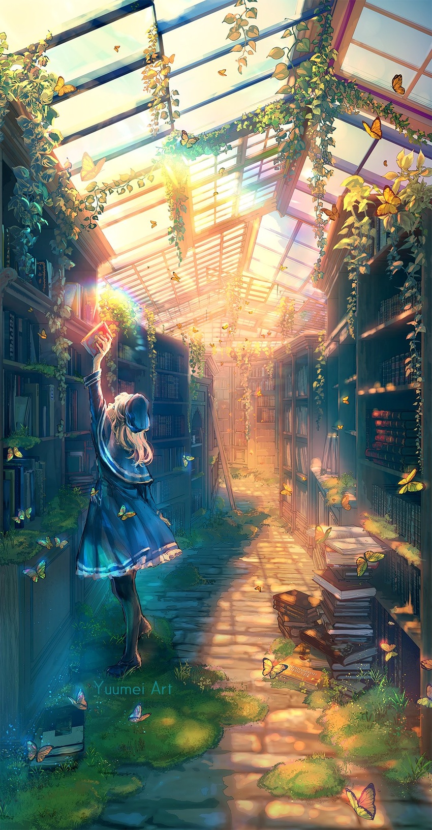 arm_up artist_name beret black_thighhighs blonde_hair bloom blue_capelet blue_dress blue_hat book book_stack bug butterfly capelet commentary dress english_commentary female frilled_dress frills glass_ceiling grass hat highres holding holding_book ladder library looking_up medium_hair nature original outstretched_arm overgrown plant rainbow reaching scenery shadow shelf solo stone_floor sunlight thighhighs vines yuumei