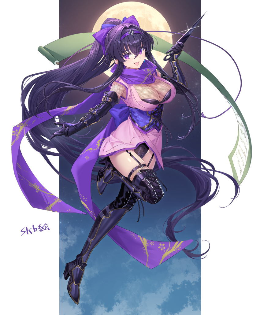 :d absurdly_long_hair absurdres bad_id bad_pixiv_id black_footwear black_gloves black_hair boots breasts cleavage commission elbow_gloves female full_body full_moon gloves hair_between_eyes hairband high_heel_boots high_heels highres holding kunai large_breasts long_hair looking_at_viewer moon ninja open_mouth original ponytail purple_eyes scroll scroll_tube shichigatsu shin_guards skeb_commission smile solo standing standing_on_one_leg thigh_boots thighhighs very_long_hair weapon