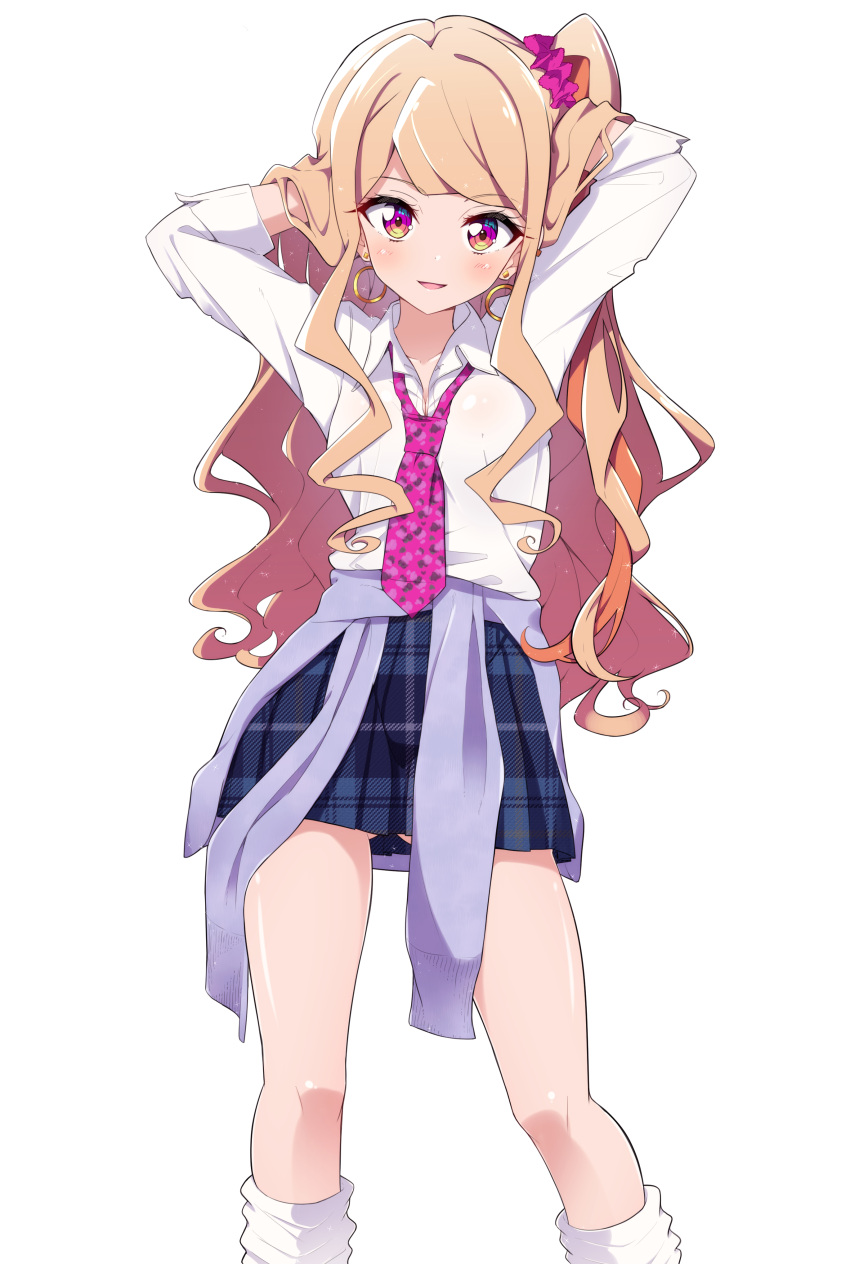 absurdres aikatsu!_(series) aikatsu_stars! arms_up blue_skirt clothes_around_waist commentary dress_shirt earrings female gyaru hair_ornament hair_scrunchie hands_in_hair highres hoop_earrings ichijo_rei jewelry kasumi_mahiru kogal light_brown_hair long_hair looking_at_viewer loose_socks miniskirt nail_polish necktie one_side_up open_mouth plaid plaid_skirt pleated_skirt purple_eyes purple_necktie purple_scrunchie school_uniform scrunchie shirt simple_background skirt smile socks solo standing wavy_hair white_background white_shirt white_socks wing_collar