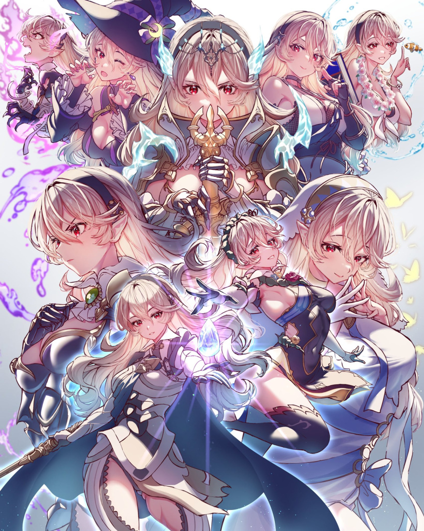 armor armored_leotard ass_visible_through_thighs bare_shoulders bikini black_hairband black_panties blue_cape blush breasts cape cleavage closed_mouth corrin_(female)_(adrift)_(fire_emblem) corrin_(female)_(fire_emblem) corrin_(female)_(halloween)_(fire_emblem) corrin_(female)_(ninja)_(fire_emblem) corrin_(female)_(nohr_noble)_(fire_emblem) corrin_(female)_(resplendent)_(fire_emblem) corrin_(female)_(silent_bloodline)_(fire_emblem) corrin_(female)_(summer)_(fire_emblem) corrin_(fire_emblem) covered_navel dress elbow_gloves expressions female fingerless_gloves fire_emblem fire_emblem_fates fire_emblem_heroes flower gloves hair_between_eyes hair_flower hair_ornament hairband halloween_costume happy hat highres holding holding_sword holding_weapon japanese_clothes karashino long_hair looking_at_viewer medium_breasts multiple_views ninja official_alternate_costume open_mouth panties pointy_ears red_eyes see-through serious short_dress sleeveless sleeveless_dress smile swimsuit sword thighhighs thighs thorns underwear weapon white_hair witch witch_hat yato_(fire_emblem)