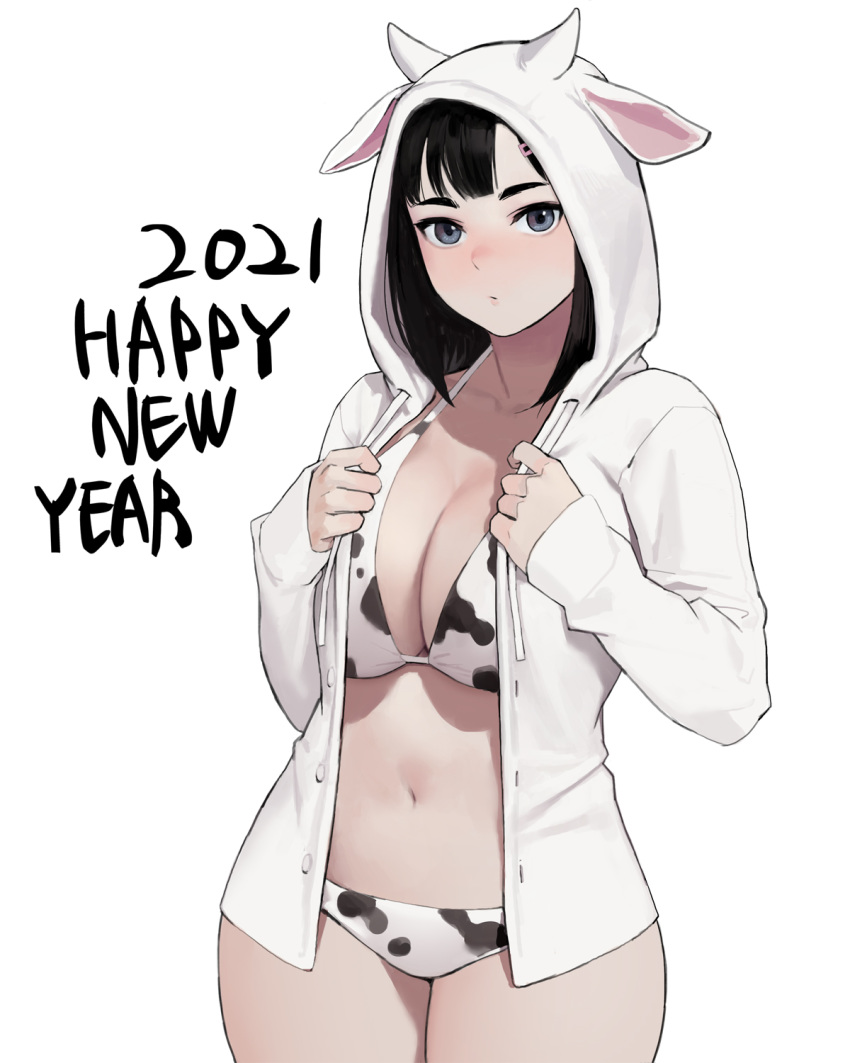 2021 animal_ears animal_print bad_id bad_twitter_id bikini black_hair breasts chinese_zodiac cleavage closed_mouth collarbone commentary cow_hood cow_print cowboy_shot dongho_kang fake_animal_ears female hair_ornament hairclip hands_up happy_new_year highres hood hood_up hoodie large_breasts long_sleeves looking_at_viewer medium_hair navel new_year open_clothes original simple_background solo swimsuit thighs white_background white_hoodie year_of_the_ox