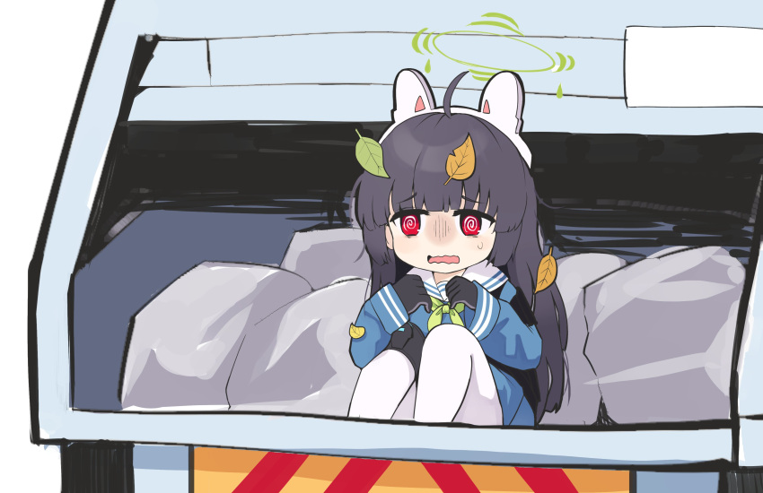 @_@ absurdres animal_ears black_gloves black_hair blue_archive female garbage_truck gloves hair_between_eyes halo highres leaf leaf_on_head long_hair miyu_(blue_archive) motor_vehicle open_mouth panicking pantyhose rabbit_ears red_eyes school_uniform sitting solo trash trash_bag truck white_background white_pantyhose yutturi