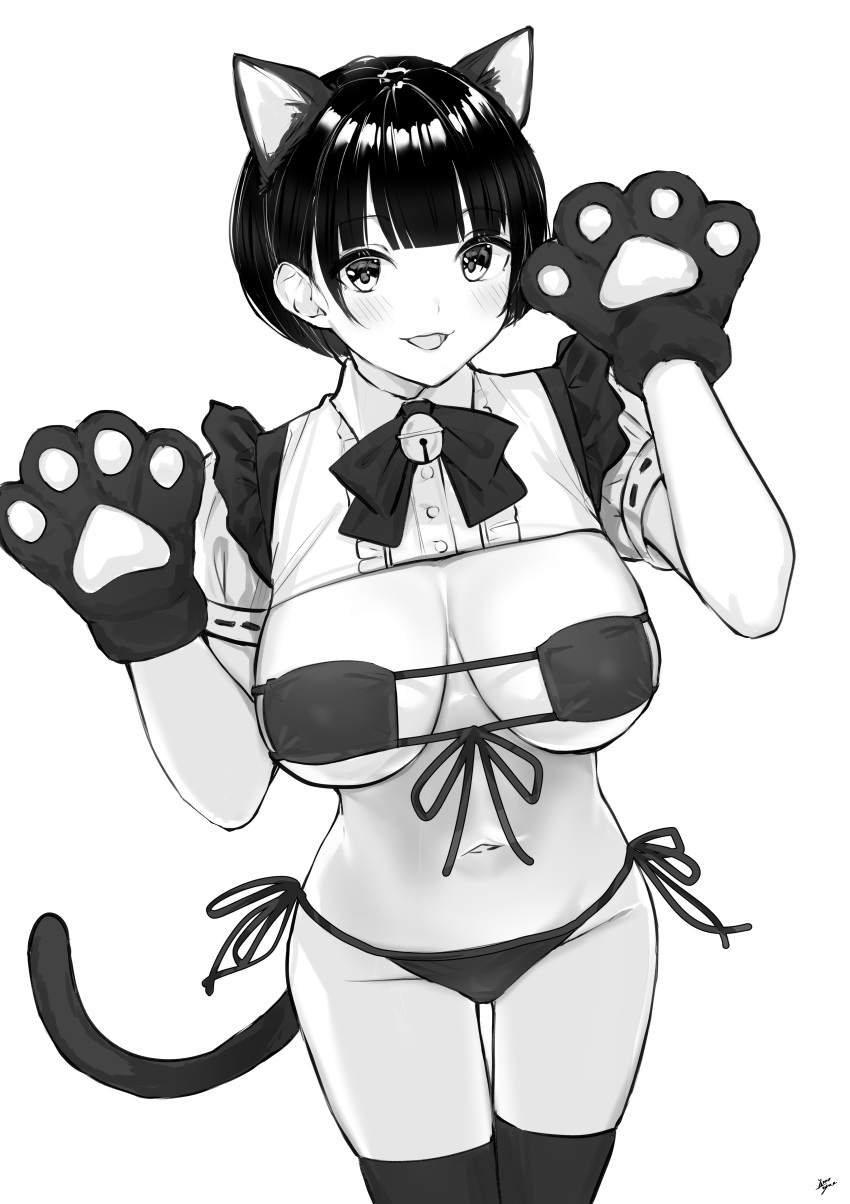 :d absurdres animal_ears animal_hands bell bikini blush bow breasts cat_ears cat_tail center_frills collared_shirt commentary_request female frills front-tie_bikini_top front-tie_top gloves greyscale groin hands_up highres jingle_bell large_breasts monochrome navel open_mouth original paw_gloves puffy_short_sleeves puffy_sleeves ribbon-trimmed_sleeves ribbon_trim shirt short_hair short_sleeves shrug_(clothing) side-tie_bikini_bottom simple_background smile solo swimsuit tail takenoko_no_you thigh_gap thighhighs white_background