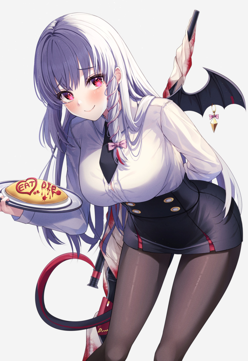 black_necktie black_pantyhose black_skirt blue_archive blush bow breasts closed_mouth female food grey_hair hairbow haruna_(blue_archive) highres holding holding_plate large_breasts long_hair long_sleeves looking_at_viewer necktie omelet omurice pantyhose pink_bow plate primamiya red_eyes skirt smile solo tail