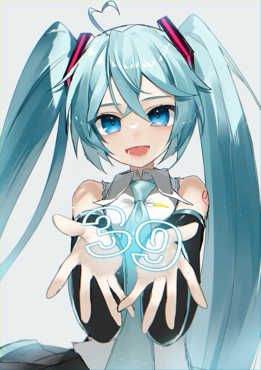 39 absurdres ahoge aqua_hair aqua_necktie bare_shoulders black_skirt black_sleeves blue_eyes commentary cupping_hands detached_sleeves female foreshortening glowing grey_background hair_ornament hatsune_miku heart heart_ahoge highres holding light_particles long_hair looking_at_viewer necktie open_mouth own_hands_together pleated_skirt reirou_(chokoonnpu) shirt shoulder_tattoo skirt sleeveless sleeveless_shirt smile solo tattoo twintails upper_body very_long_hair vocaloid