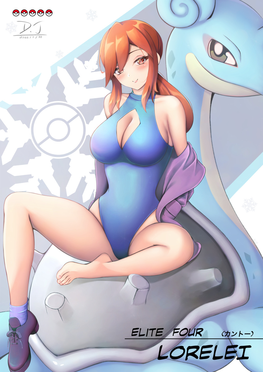 absurdres alternate_costume bare_shoulders blue_one-piece_swimsuit breasts character_name cleavage cleavage_cutout clothing_cutout commentary_request commission d.j_(dwcg2854) dated female full_body highres jacket lapras large_breasts legs long_hair lorelei_(pokemon) one-piece_swimsuit open_clothes open_jacket orange_eyes orange_hair pixiv_commission pokemon pokemon_(creature) pokemon_frlg purple_footwear purple_jacket purple_socks shoes single_shoe sitting socks swimsuit