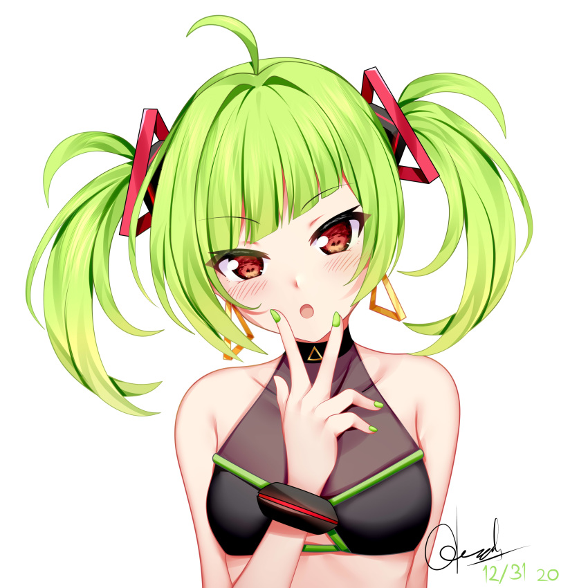 :o absurdres ahoge bare_shoulders blush breasts chrisandita collarbone commentary covered_collarbone crop_top dated delutaya delutaya_(1st_costume) diagonal_bangs earrings female green_hair green_nails head_tilt highres indie_virtual_youtuber jewelry looking_at_viewer nail_polish parted_lips red_eyes signature simple_background small_breasts solo twintails upper_body v_over_mouth virtual_youtuber white_background