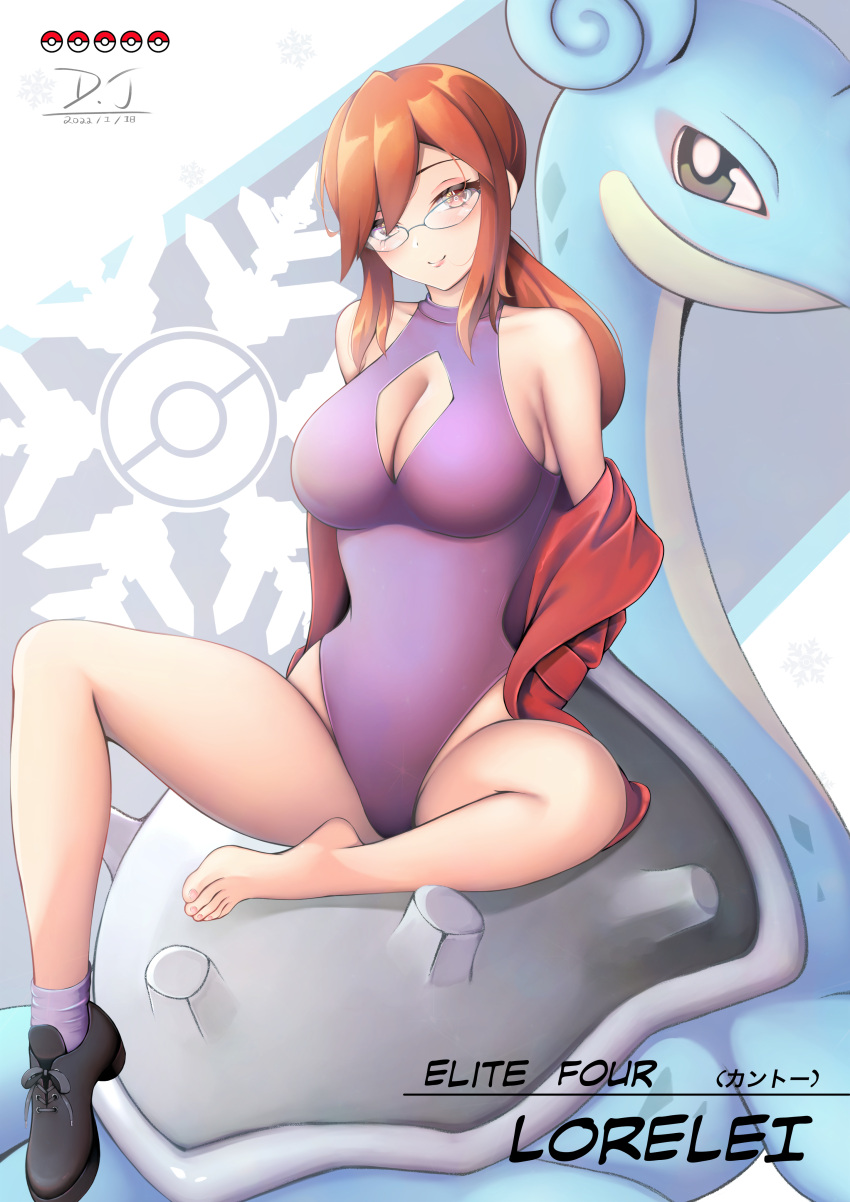 absurdres alternate_costume bare_shoulders barefoot black_footwear breasts character_name cleavage cleavage_cutout clothing_cutout commentary_request commission d.j_(dwcg2854) dated feet female full_body glasses highres jacket lapras large_breasts legs long_hair looking_at_viewer lorelei_(pokemon) one-piece_swimsuit open_clothes open_jacket orange_eyes orange_hair pixiv_commission pokemon pokemon_(creature) pokemon_frlg purple_one-piece_swimsuit purple_socks red_jacket shoes single_shoe sitting socks swimsuit toes